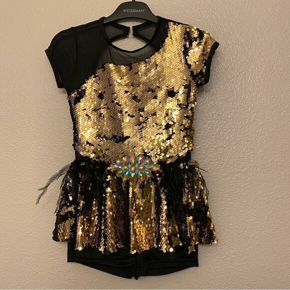 WEISSMAN Dance Costume black gold sequin feather Ruby Blue 13570 XLC child - Picture 2 of 9